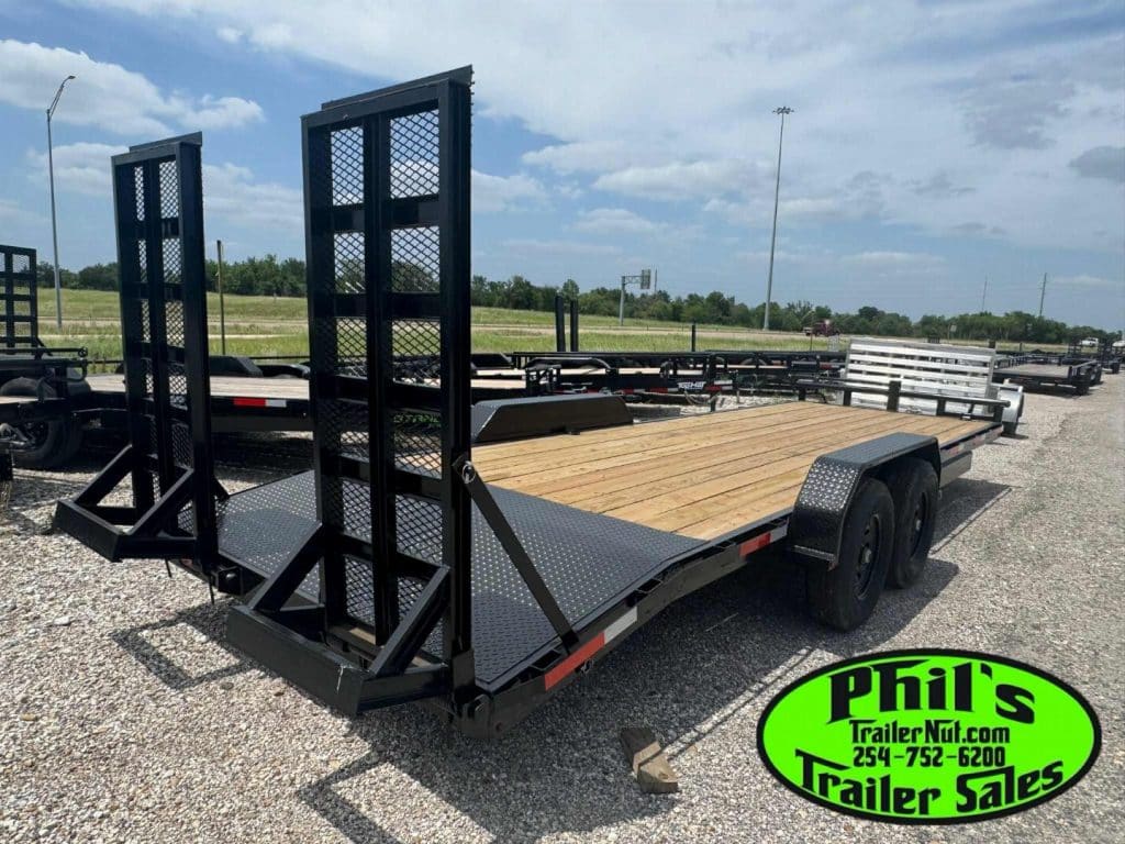 2026 Stanley Trailers 83X24 Equipment Trailer in black, rear view showing stand-up ramps.
