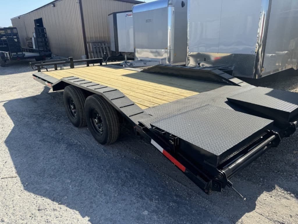 2026 Stanley Trailers 102x20 Equipment Hauler Open Trailer rear three-quarter view with black finish and wooden deck.